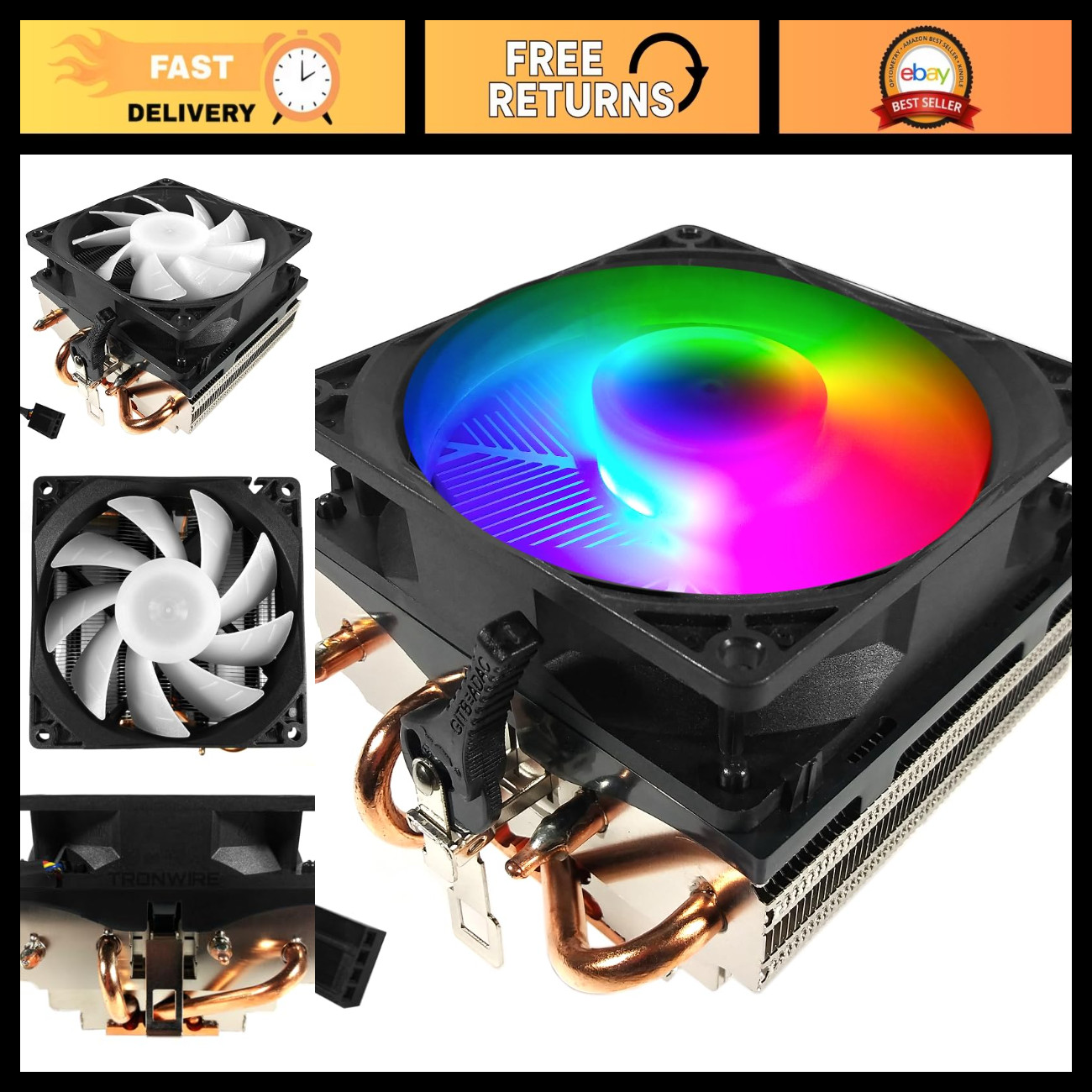 RGB LED CPU Cooler with 92mm Fan, Heat Pipes, Copper Base, Thermal Paste, AMD Co