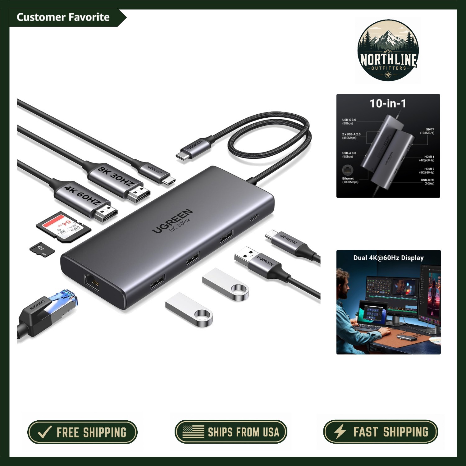 USB C Dock with Dual HDMI & Card Reader: 100W Power Delivery for High Efficiency