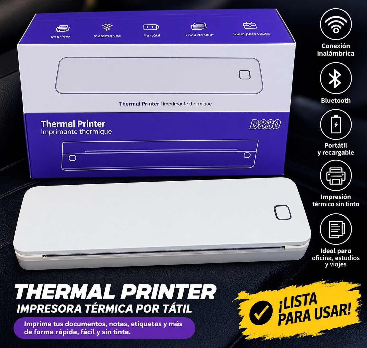 D830 Portable Wireless Bluetooth Thermal Mobile Printer A4 300x300 DPI B/W