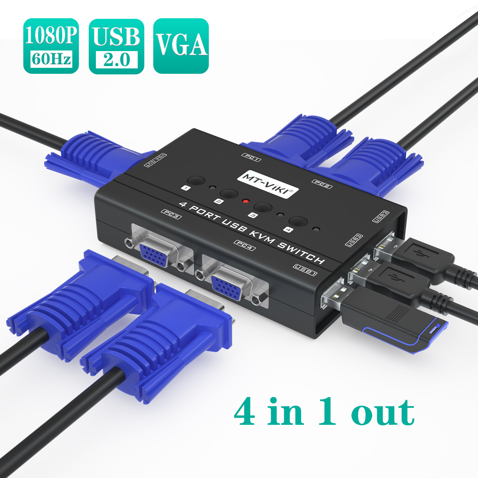 MT-VIKI 4 Port VGA KVM Switch USB2.0 For Mouse Keyboard Monitor Sharing Switcher