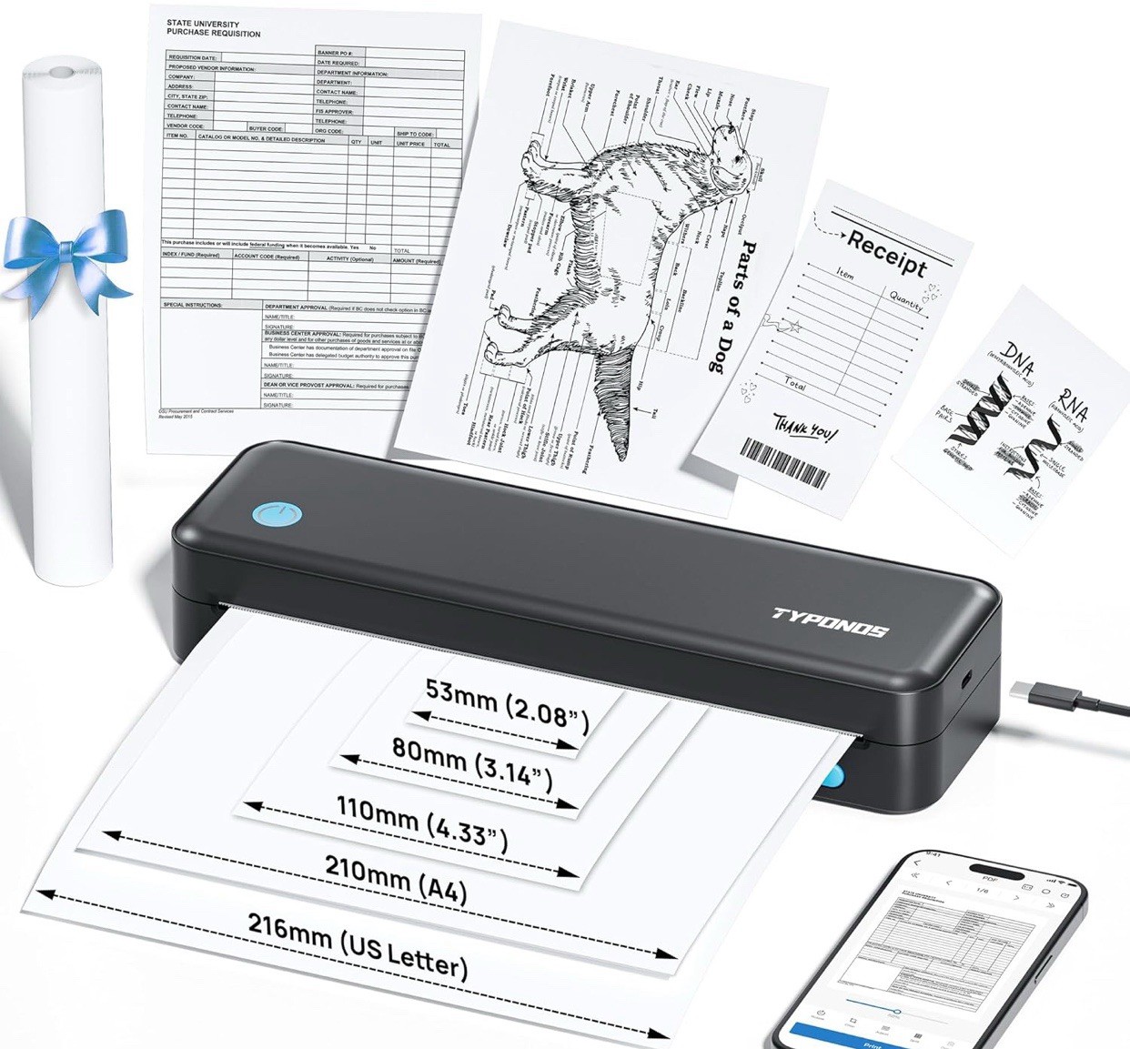Typonos Portable Printers Wireless for Travel, Receipt Printers 