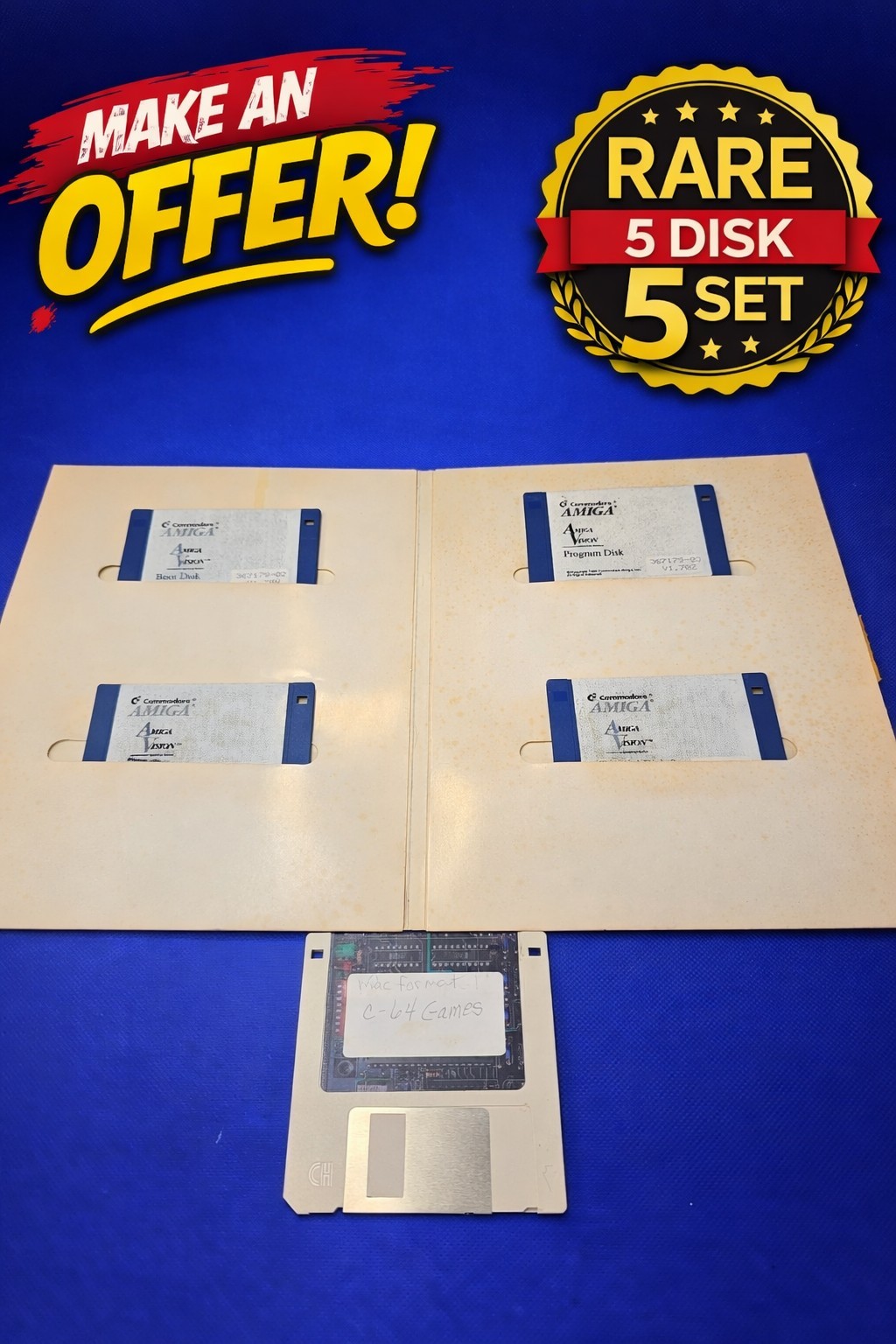 Commodore AmigaVision Software 4 Disk Set + C64 Games Disk Vintage Amiga