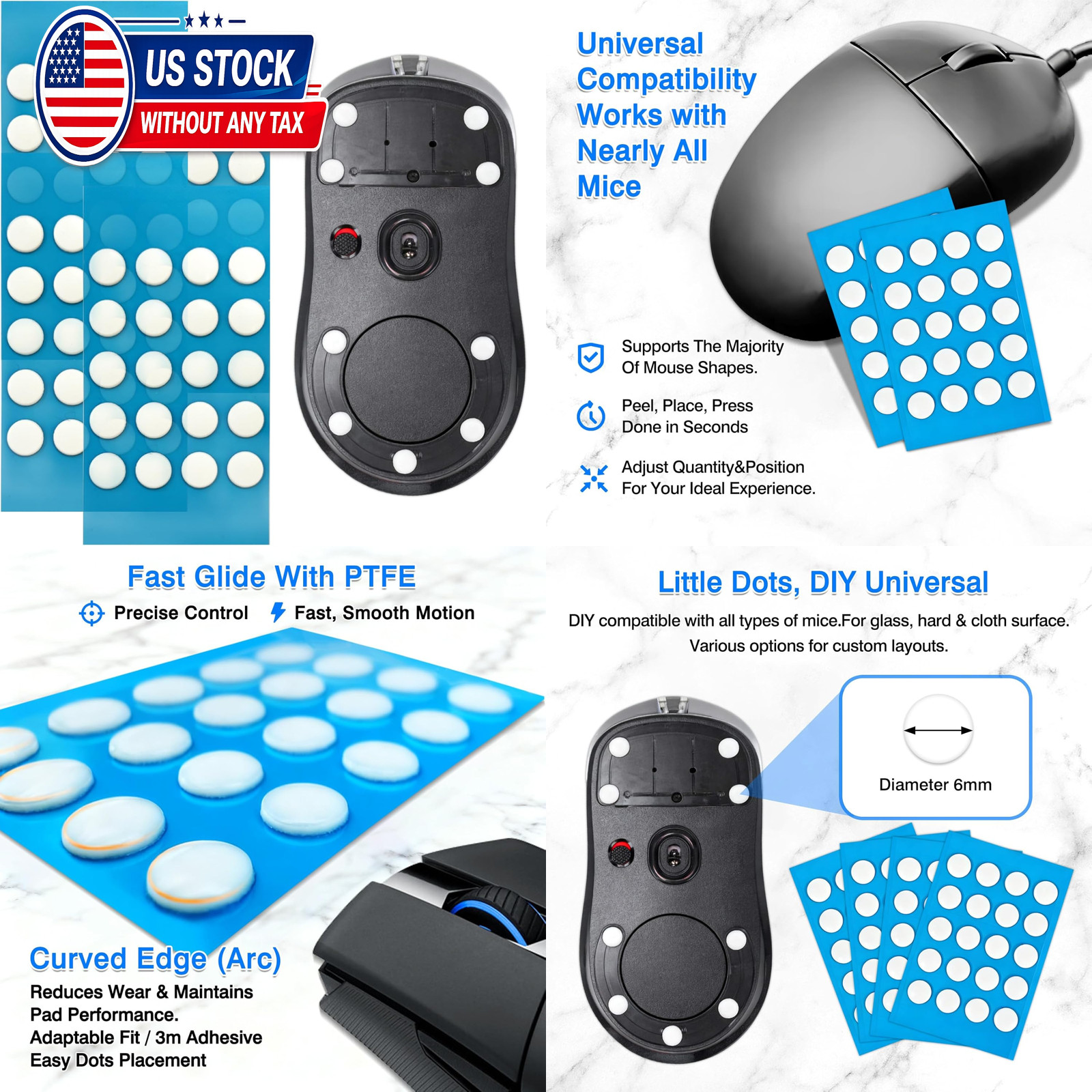 80 Pieces DIY PTFE Mouse Skates Set 6mm White Glide Dots Curved Edges for Gaming