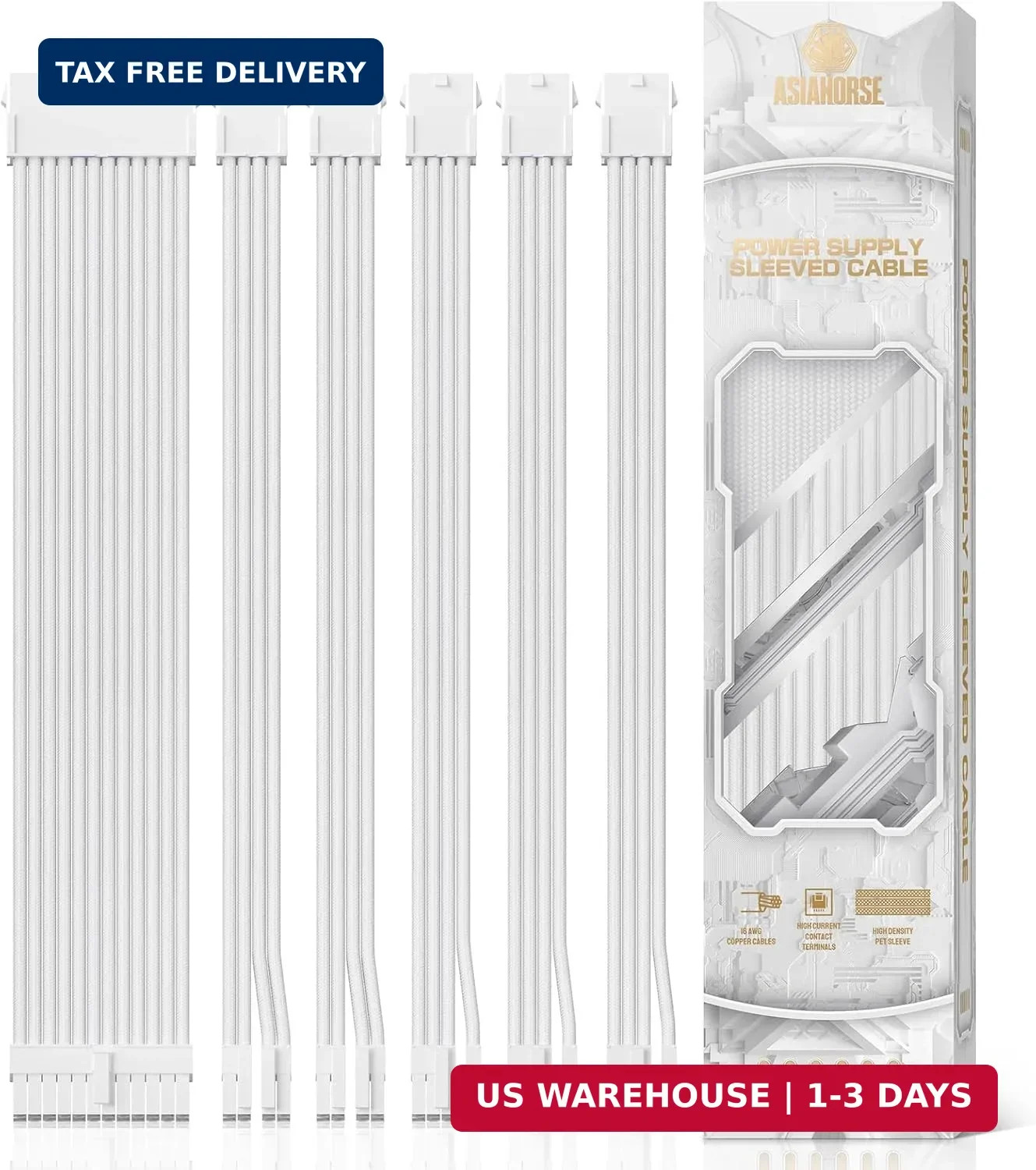 Power Supply Sleeved Cable, 16 AWG PSU Extension Cable Kit of White Connector, 1