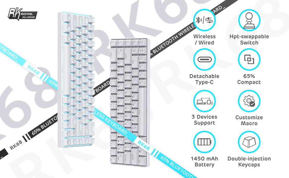 Royal Kludge RK68 White Wireless Swappable Keyboard Brown Switch USB22_WBRI