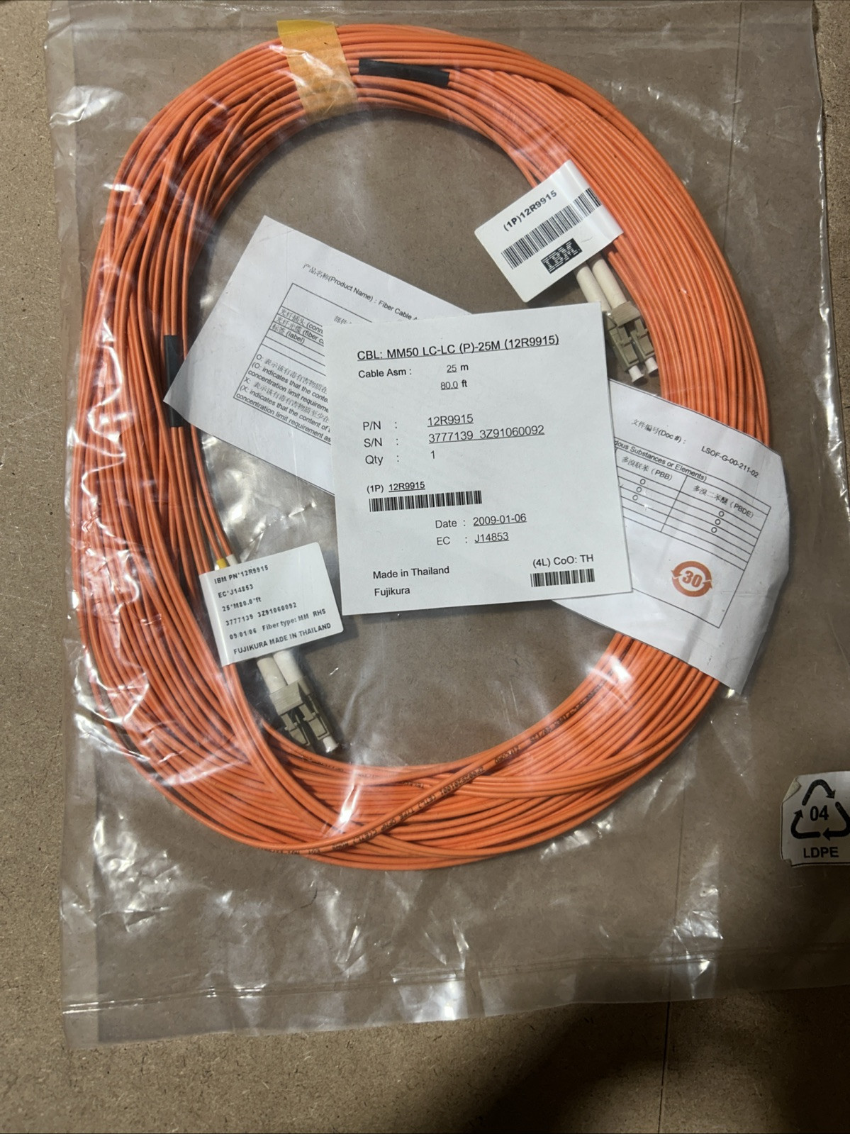 IBM Part # 12R9915 MM50 25m LC-LC Fiber Channel Cable (1P)12R9915  New Sealed OS