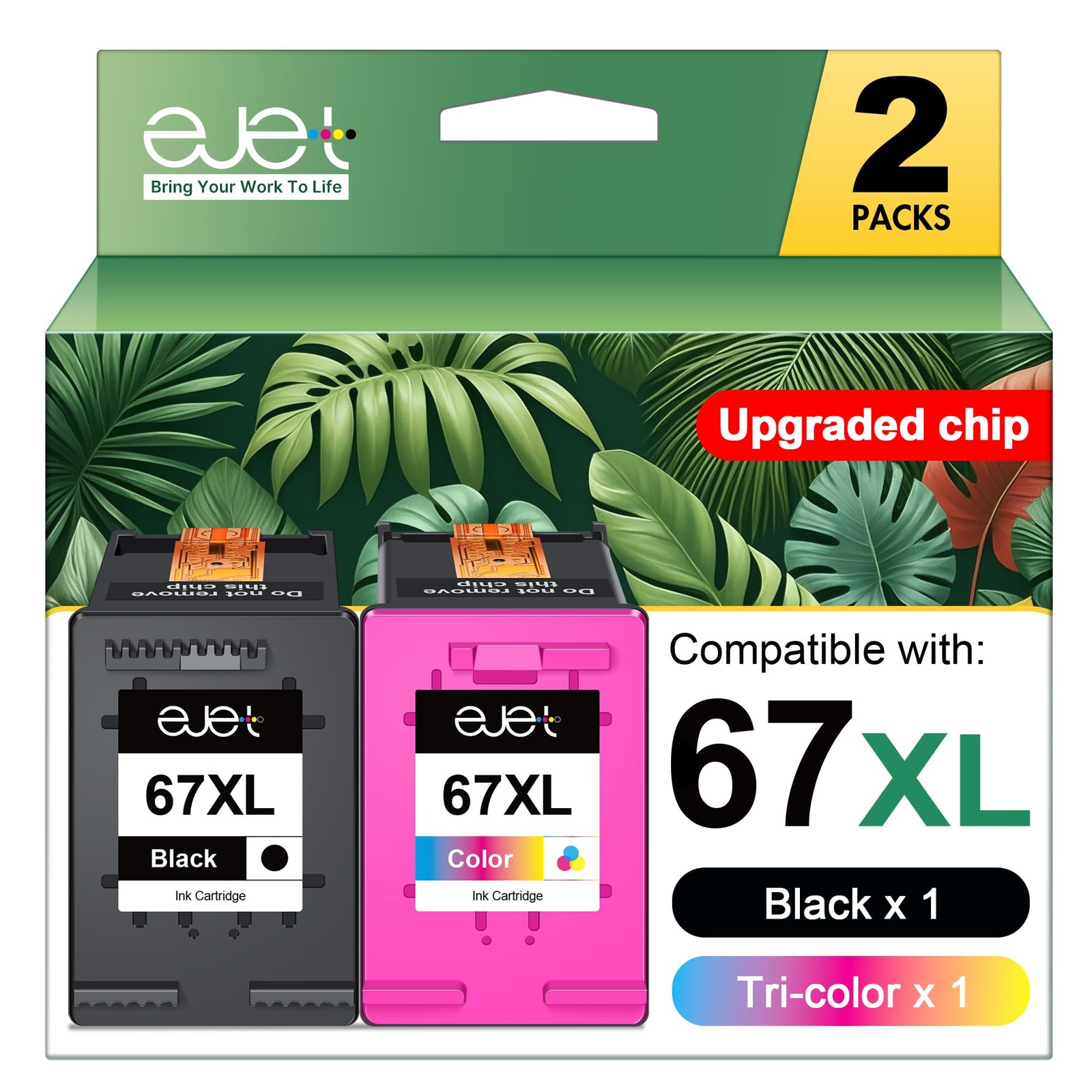 ejet 67XL Ink Cartridges Black/Color Combo Pack for HP Ink 67 2-Pack