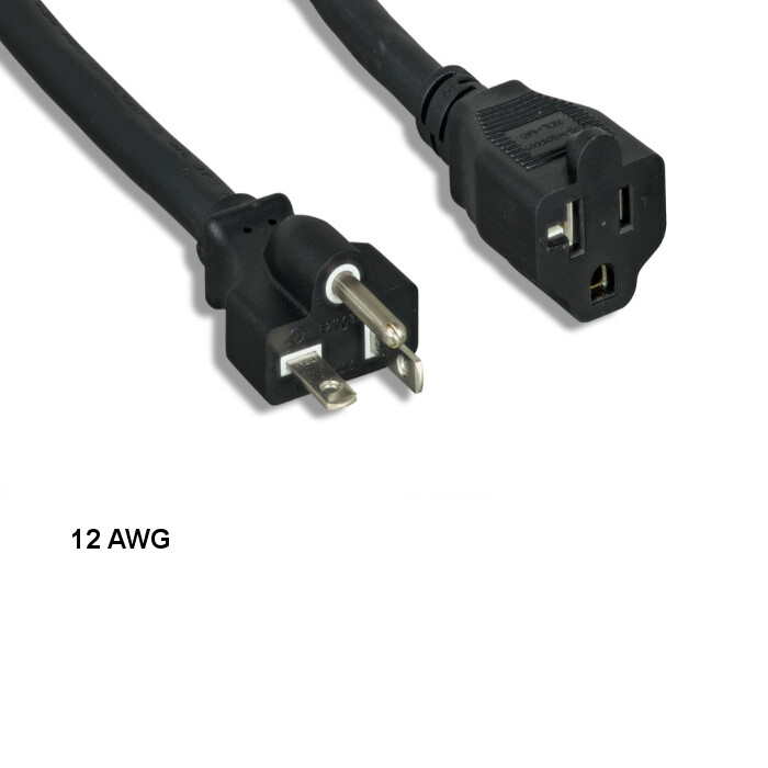 Kentek 15' ft 12 AWG Power Extension Cable NEMA 5-20P to 5-20R 20A/125V SJT Blk