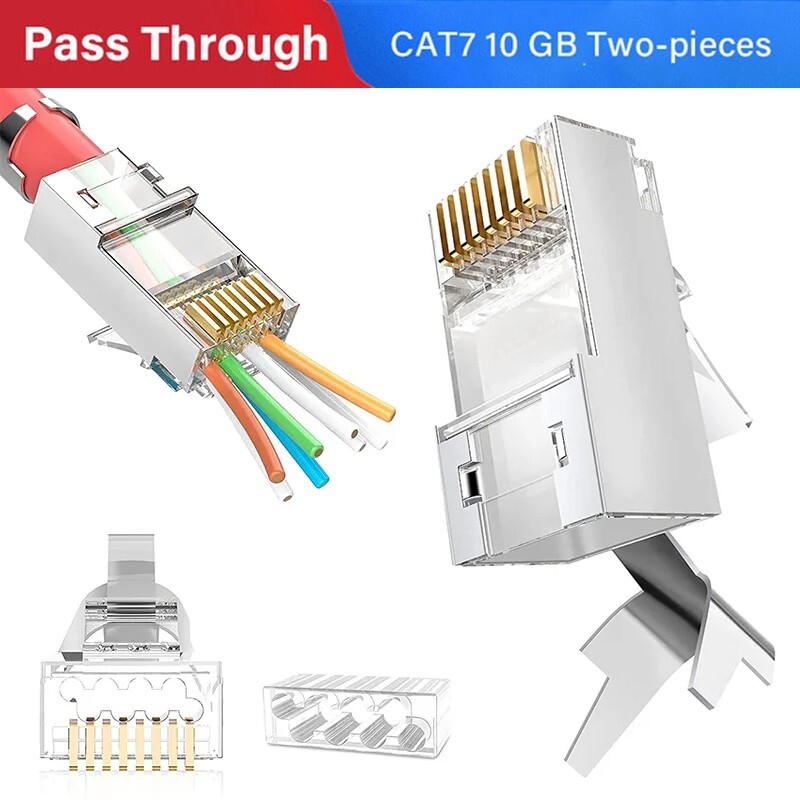100PCS Shielded RJ45 Cat6A Cat7 Pass Through connectors 3 Prong 8P8C Gold Plated