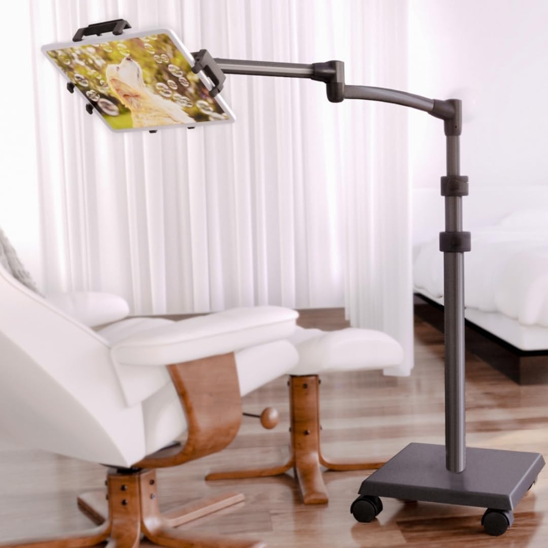 G2 Deluxe Premium Tablet Floor Stand with Long Extension Arm Adjustable Rolling
