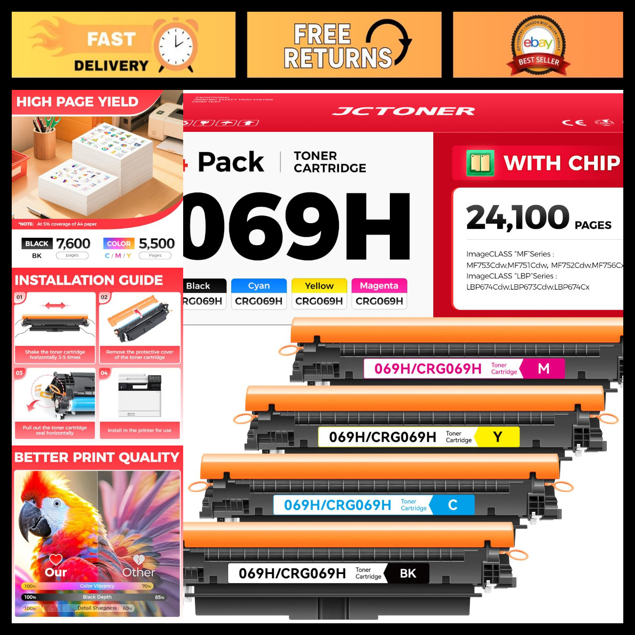High Capacity 069 Toner Cartridge Set 4-Pack for Canon MF753Cdw MF751Cdw LBP674C