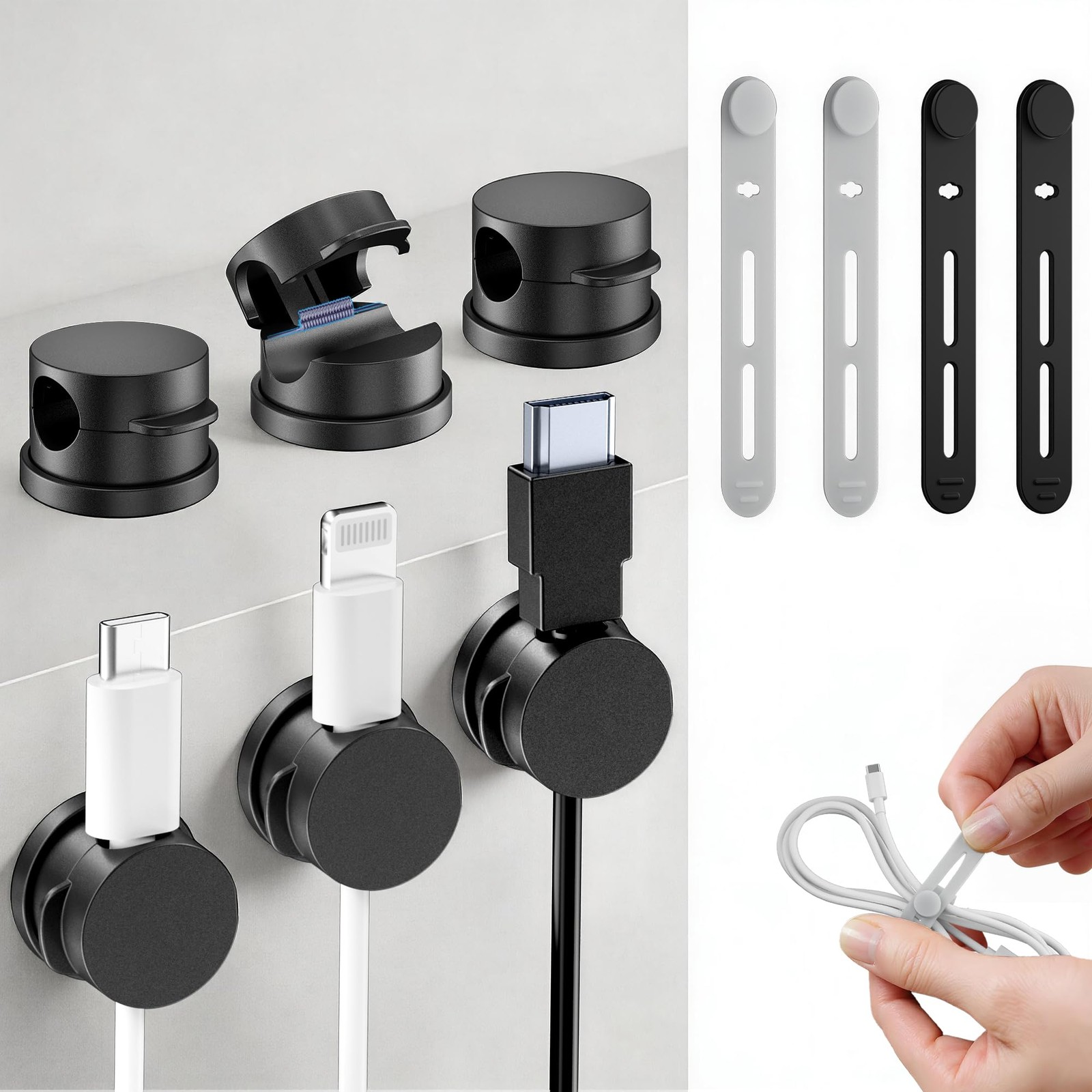 10 Pack Rotatable Cable Clips & Silicone Cable Straps Set