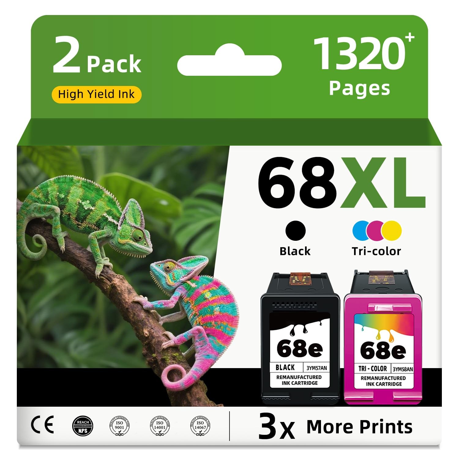 68XL 68e Black & Tri-Color Ink Cartridges 2-Pack for ENVY 6100e 6110e 6130e