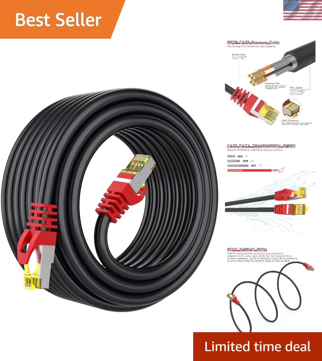 100ft Cat 8 Ethernet Cable - Ultra-Fast 40Gbps Network Cable for Smart Devices