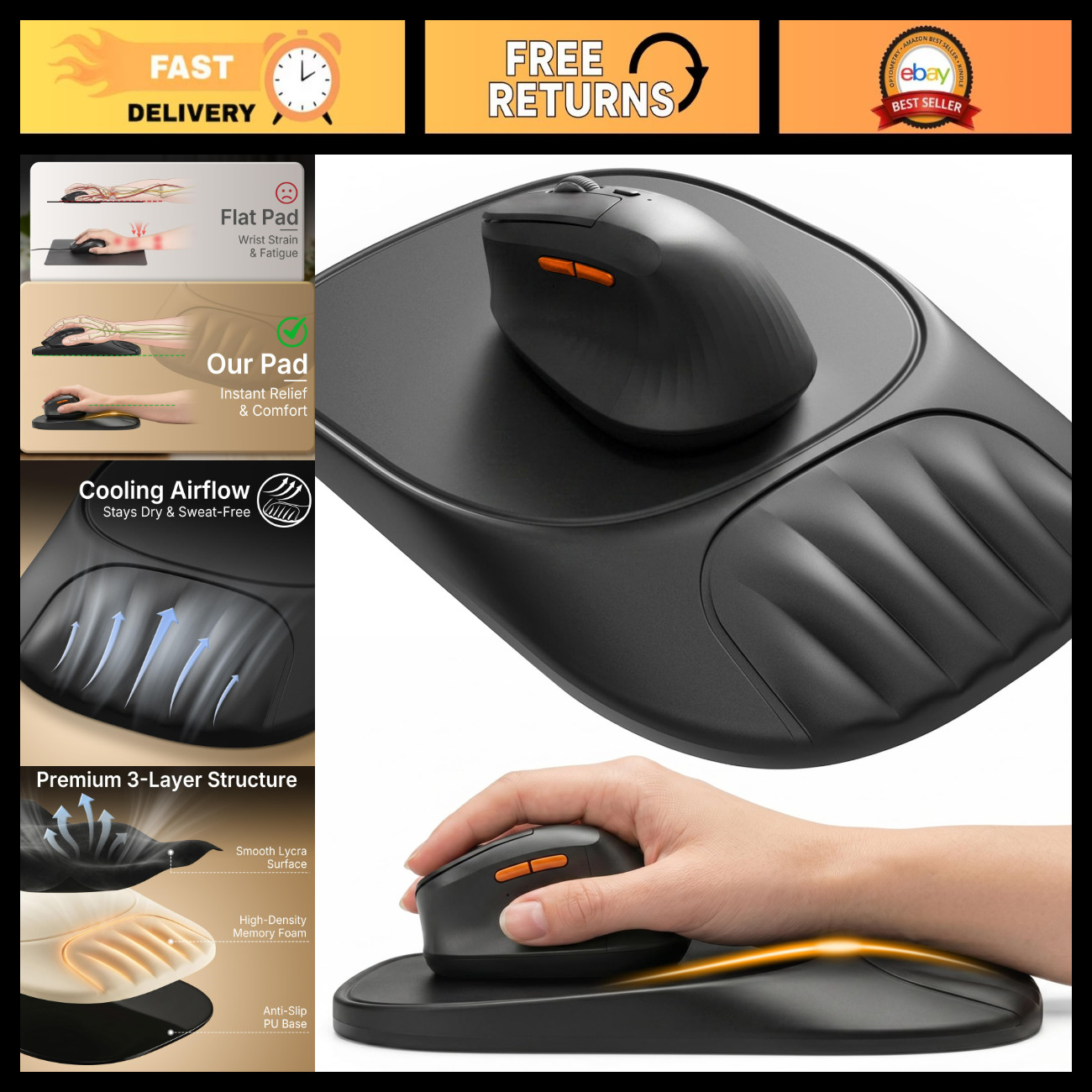Ergonomic Memory Foam Mouse Pad with Wrist Support, Non-Slip Base for Office & G