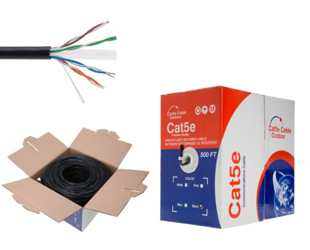 Cat5e OUTDOOR Cable UTP 24AWG Ethernet Solid Wire UV Rated Direct Burial 500ft