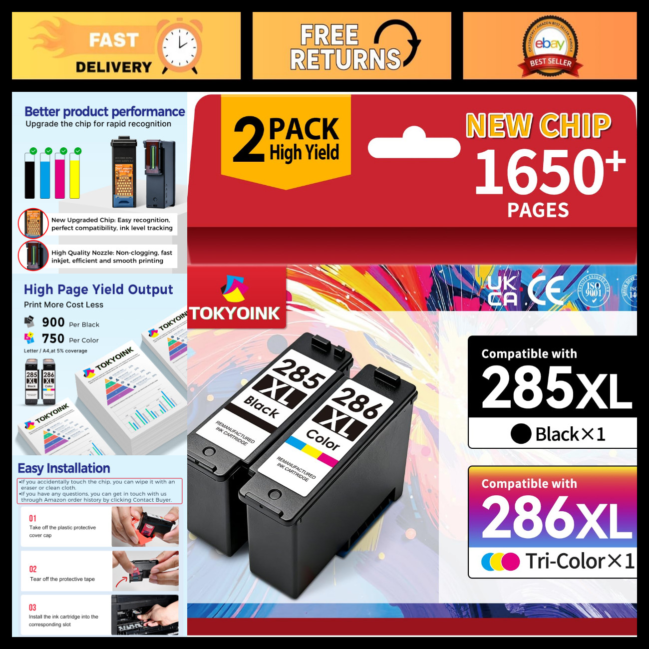 High-Yield Ink Cartridges 2-Pack for Canon PG-285XL CL-286XL - Replacement Set