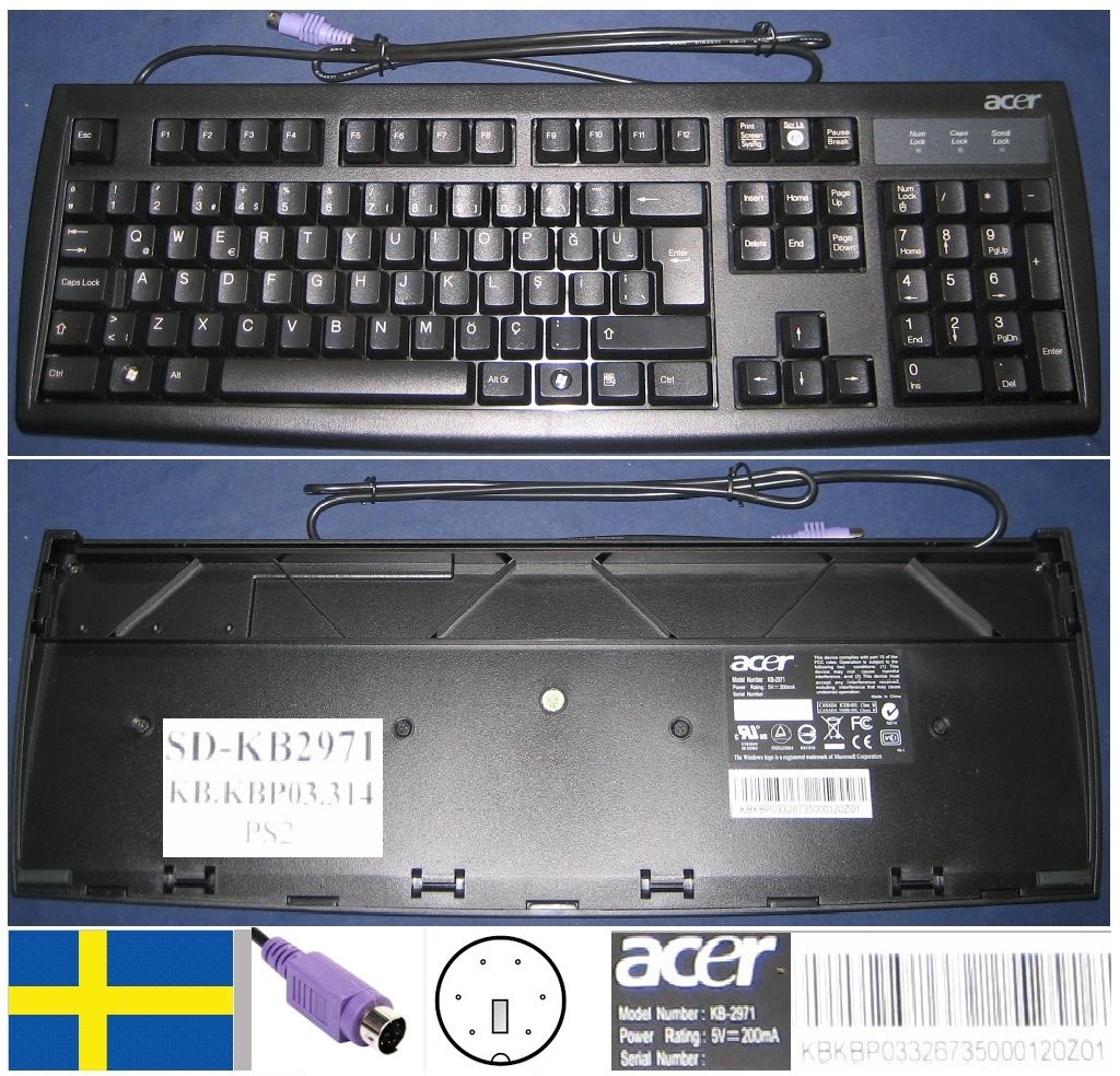 Acer Qwerty Swedish Keyboard KB-2971 KB2971 KB.KBP03.314 PS/2 Connector