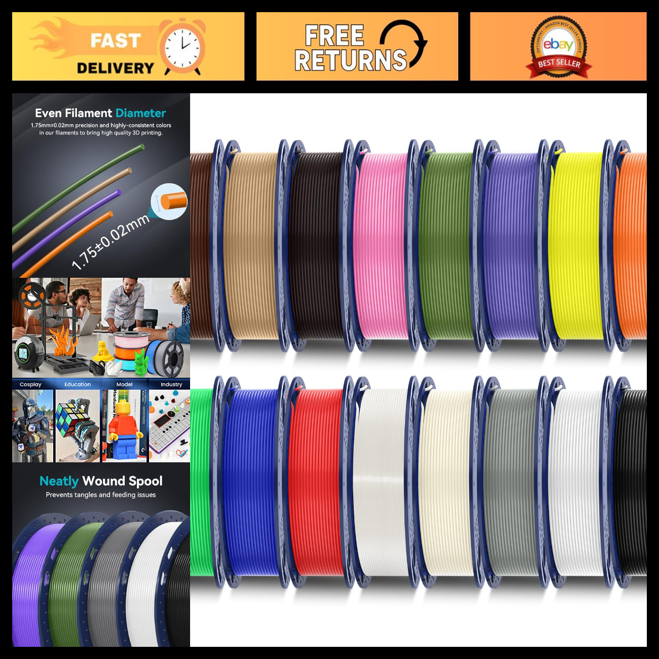 Multicolor 3D Printer Filament Bundle, 16 Colors, PLA+ 1.75mm for All Printers