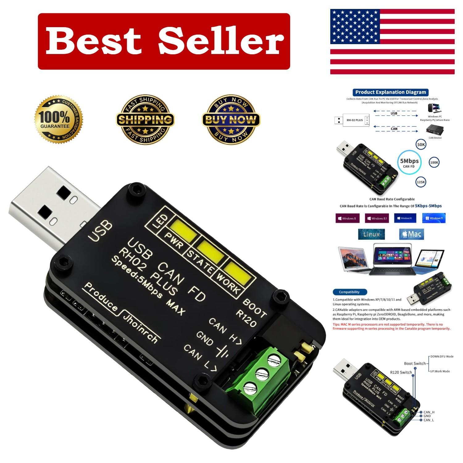 USB to CAN FD Converter Adapter Based on Canable 2.0 Supports 5 Mbps