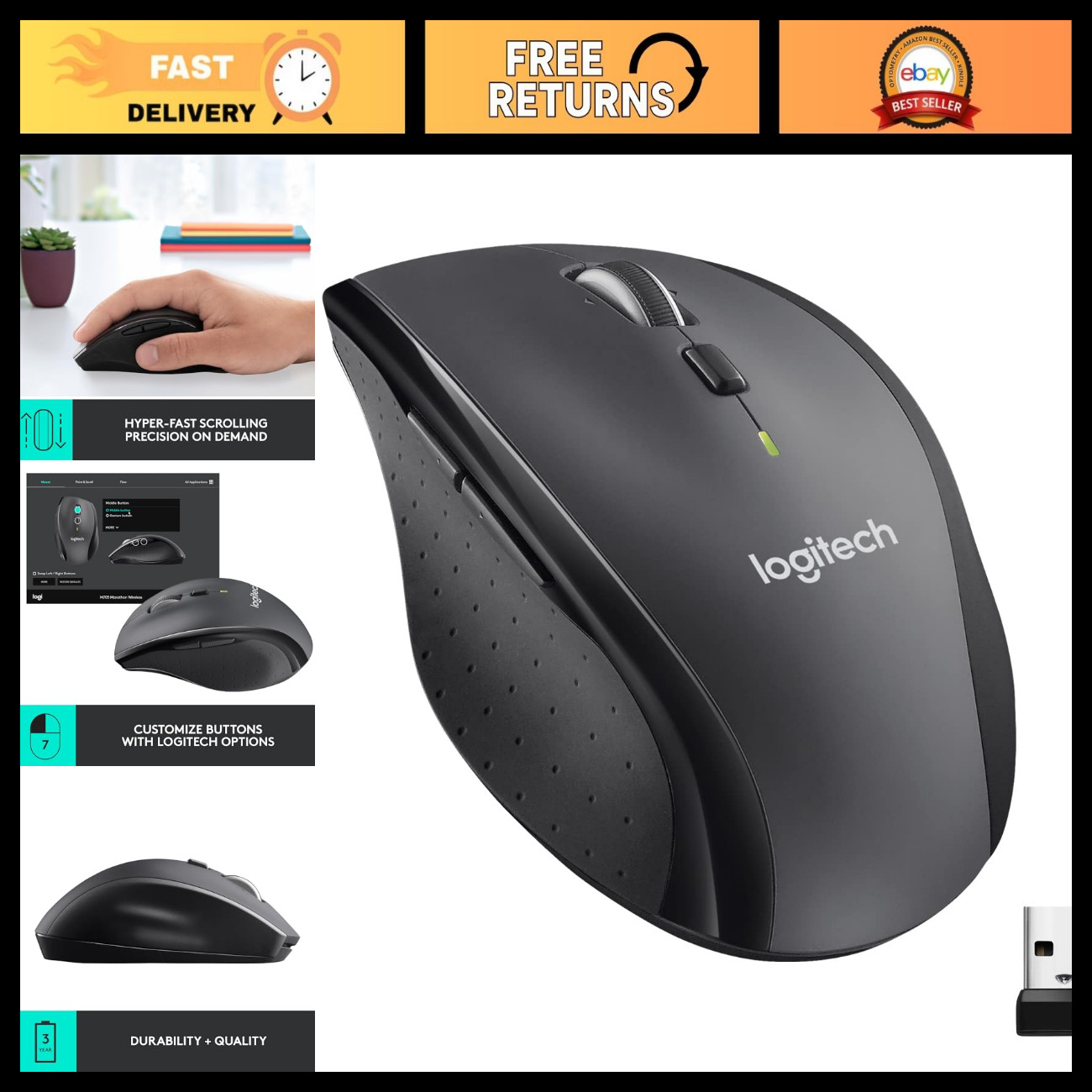 Wireless Full Size Mouse 2.4 GHz, Ergonomic Design, Long Battery Life, Black