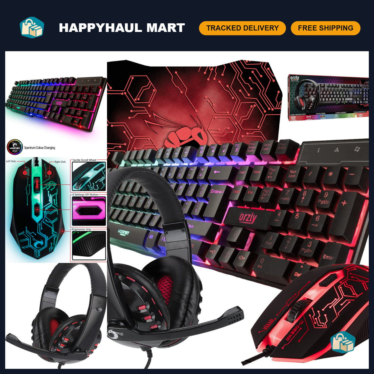 4-in-1 Gaming Keyboard, Mouse, Mouse Pad & Headset Bundle - Wired RGB LED for PC