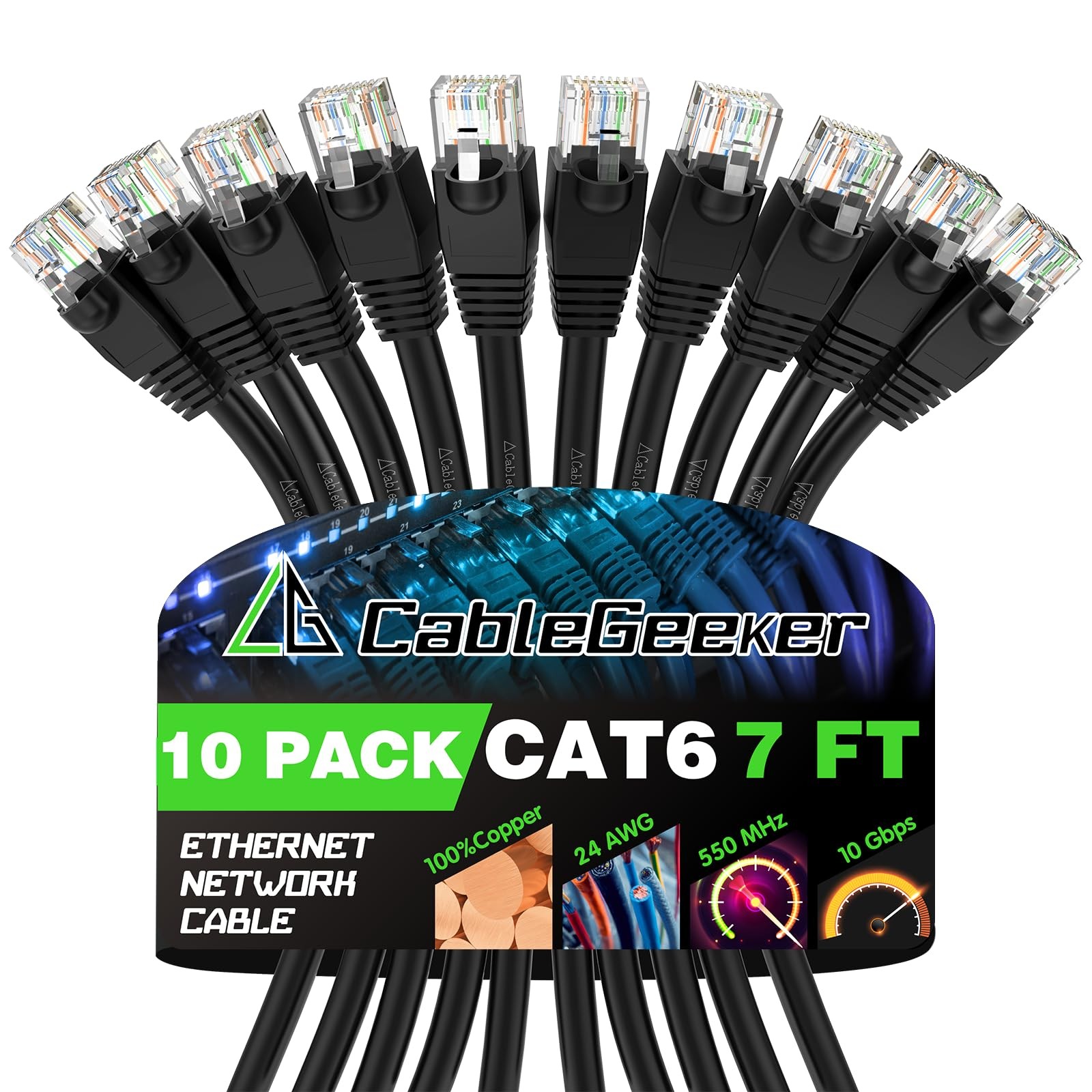 10 PCS Cat 6 Ethernet Patch Cables Snagless RJ45 Network Internet Black 7 ft