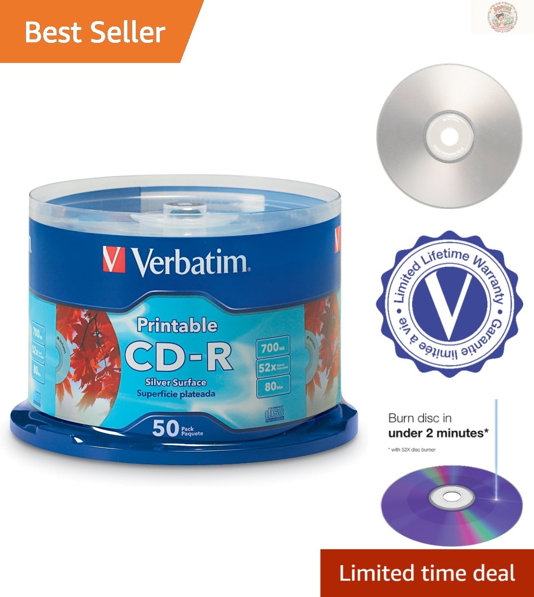 50pk CD-R Blank Discs - 700MB 80 Minutes 52X Silver Inkjet Printable