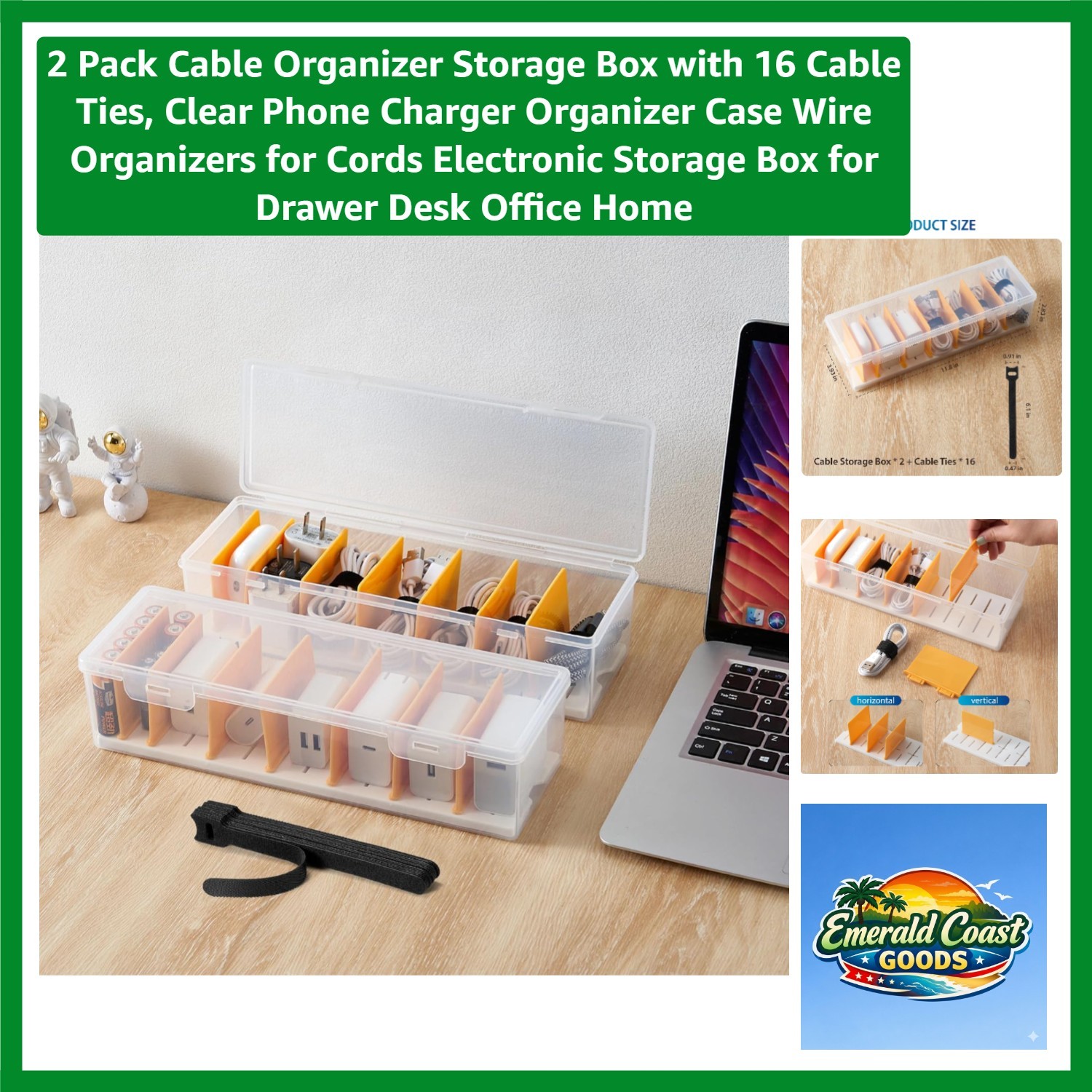Versatile 2 Pack Clear Cables Organizer Storage Box with 16 Ties for All Needs
