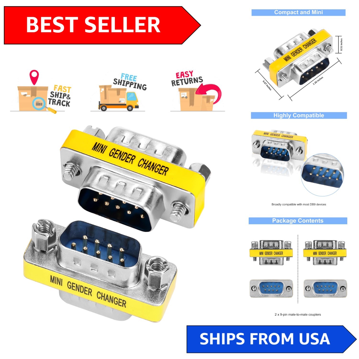 2-Pack DB9 Male to Male Adapters for Seamless Data Transfer & Device Connection