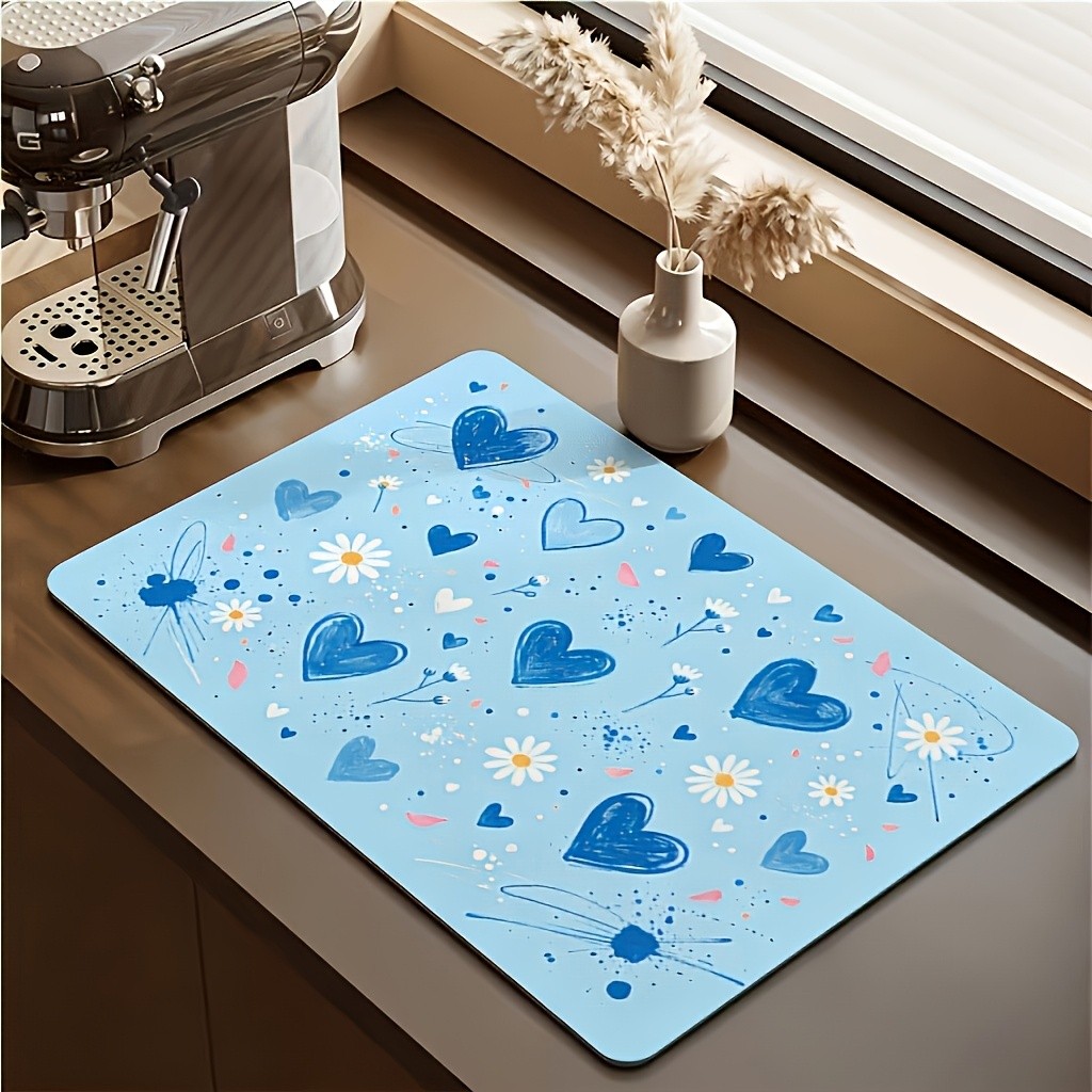 Coffee Machine Mat, Valentine'S Day Theme Blue Heart Daisy Print Mat, High-End