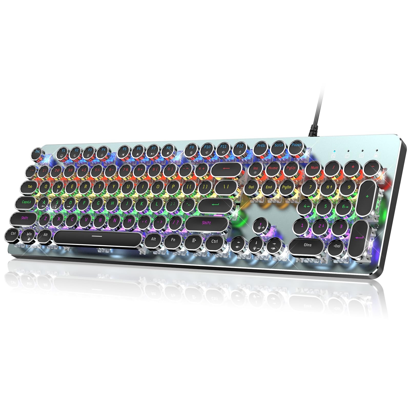 Typewriter Style Mechanical Gaming Keyboard Metal Panel Blue Switch Rainbow