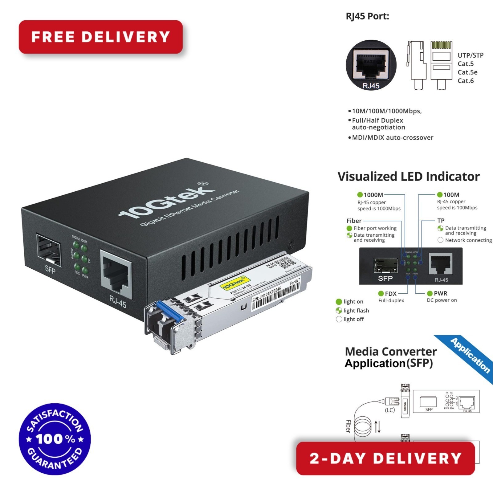 10Gtek Gigabit Ethernet Media Converter RJ45 to Fiber 10/100/1000Base-Tx