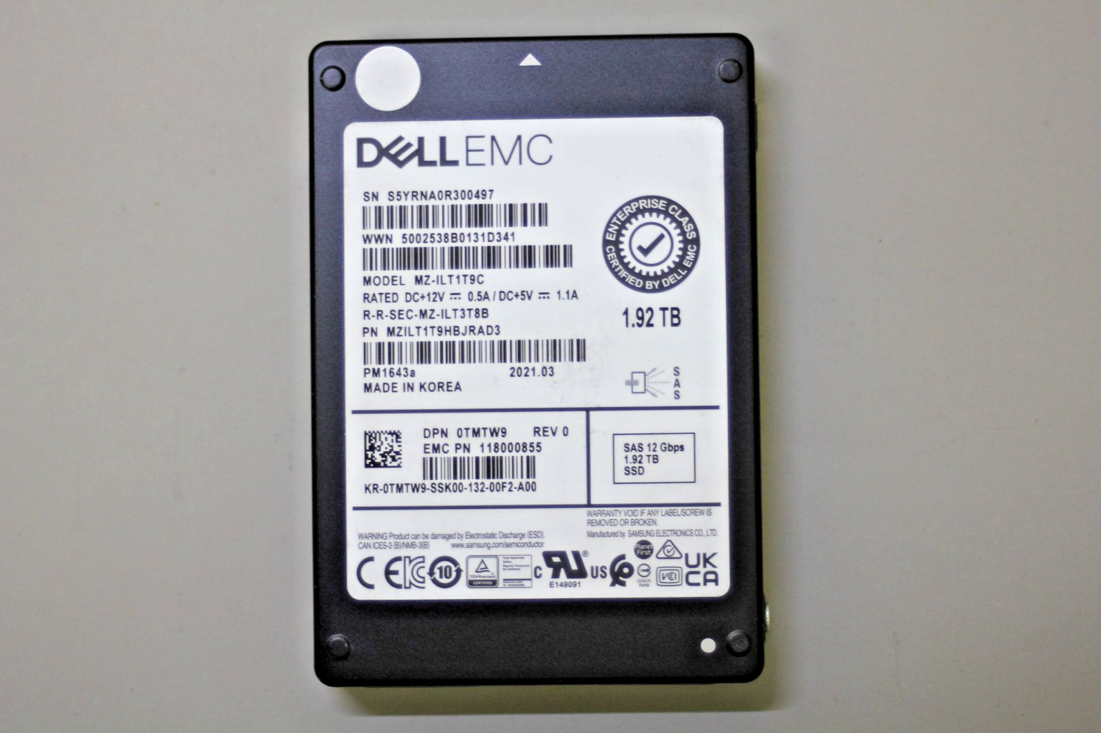 TMTW9 Dell EMC PM1643a 1.92TB 2.5" SAS SSD 12Gbps MZ-ILT1T9C 0TMTW9 100% Health