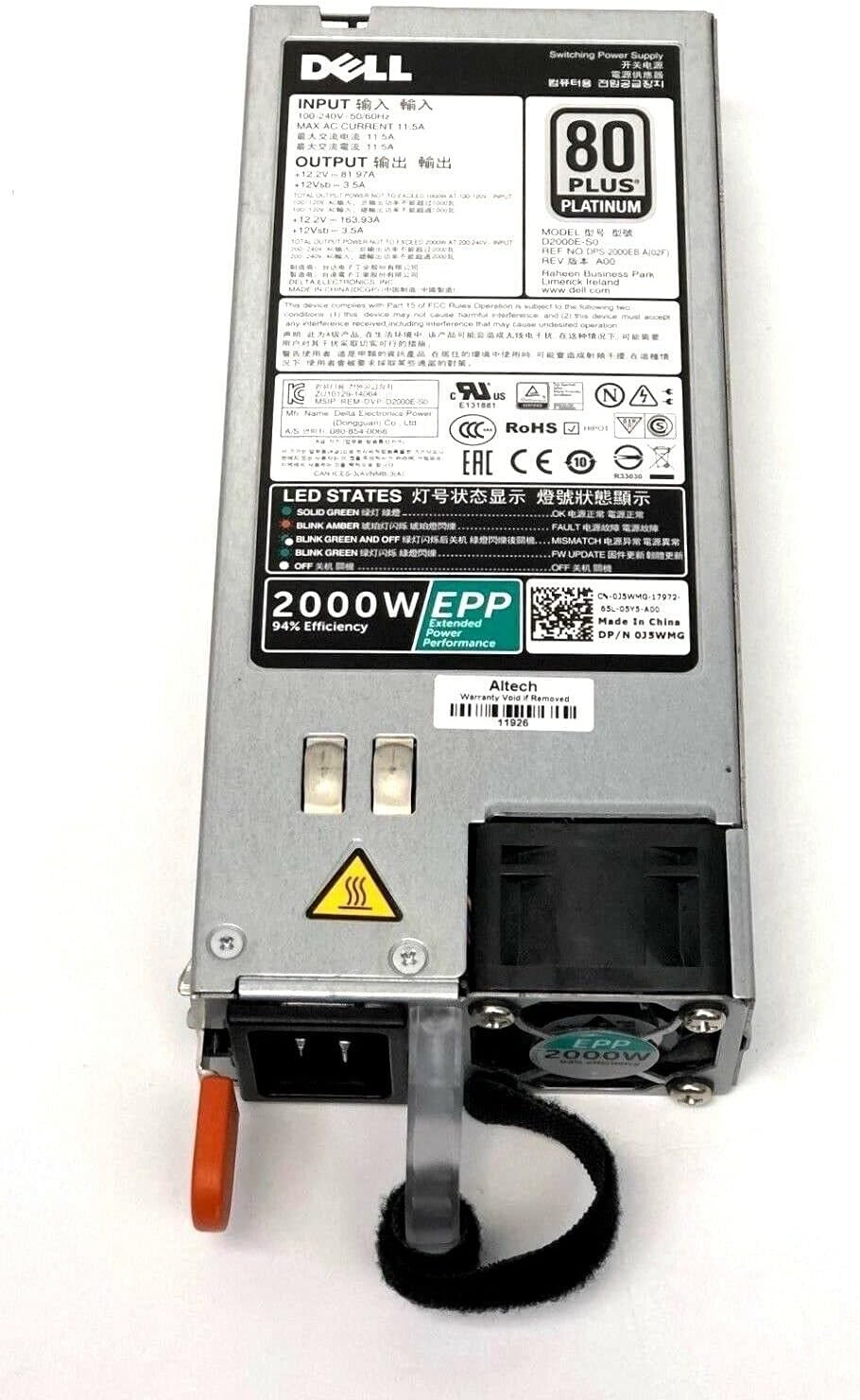 Dell J5WMG PowerEdge FX2 2000W EPP 80+ Platinum C19 Input Power Supply REV A02