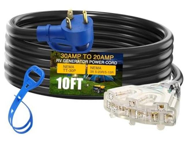 30 Amp to 20 Amp 110V RV Distribution Adapter 10ft, NEMA TT-30P Male to TT-30p