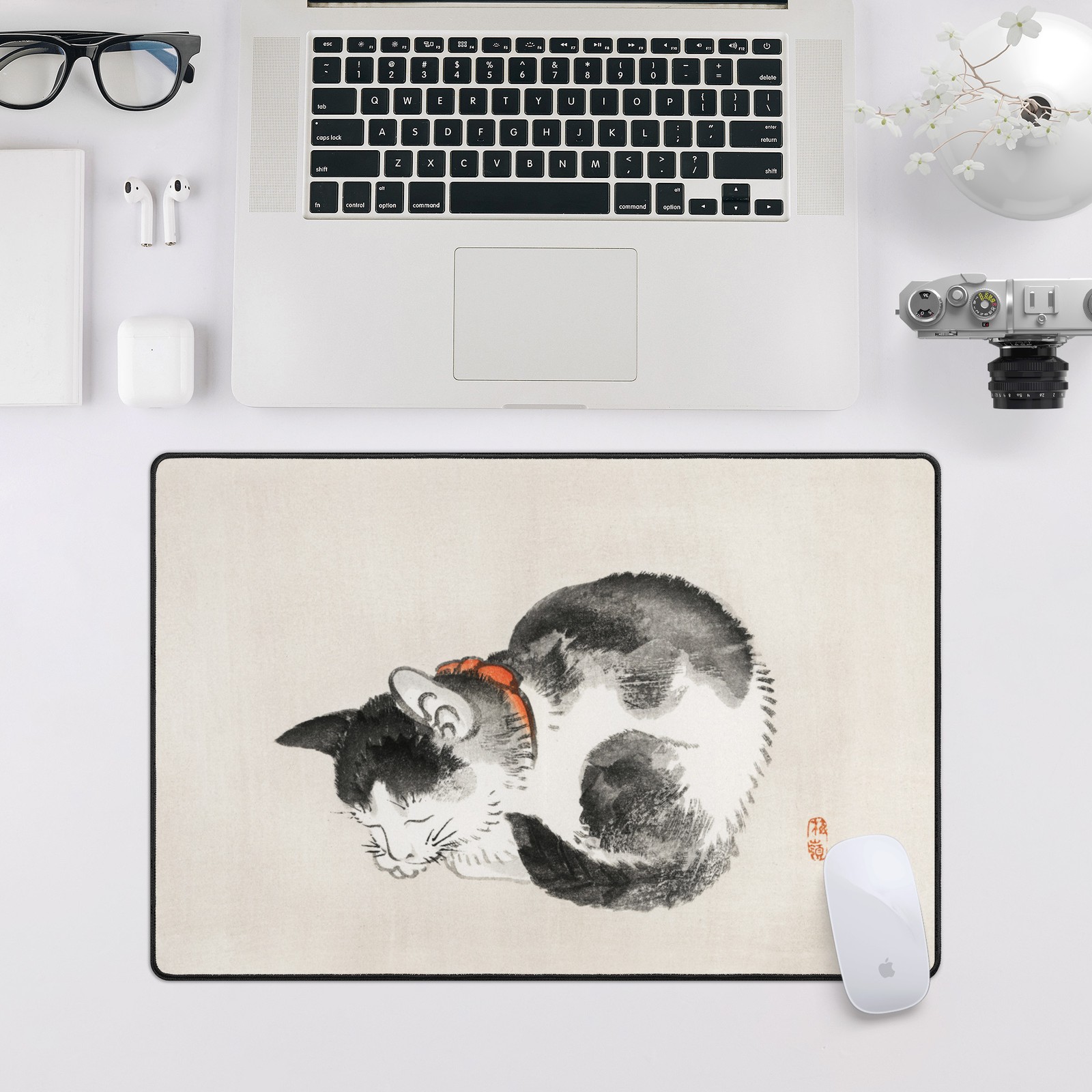 Large Japanese Art Mouse Pad, Zen Sleeping Cat Ink Painting, Cat Lovers Deskmat 