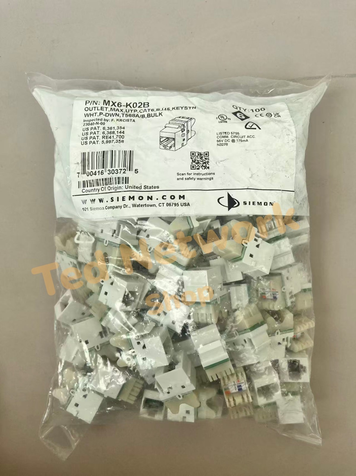 100 Pcs SIEMON MX6-K02B  Outlet  MAX CAT6 RJ45 Network Jack WHITE Keystone