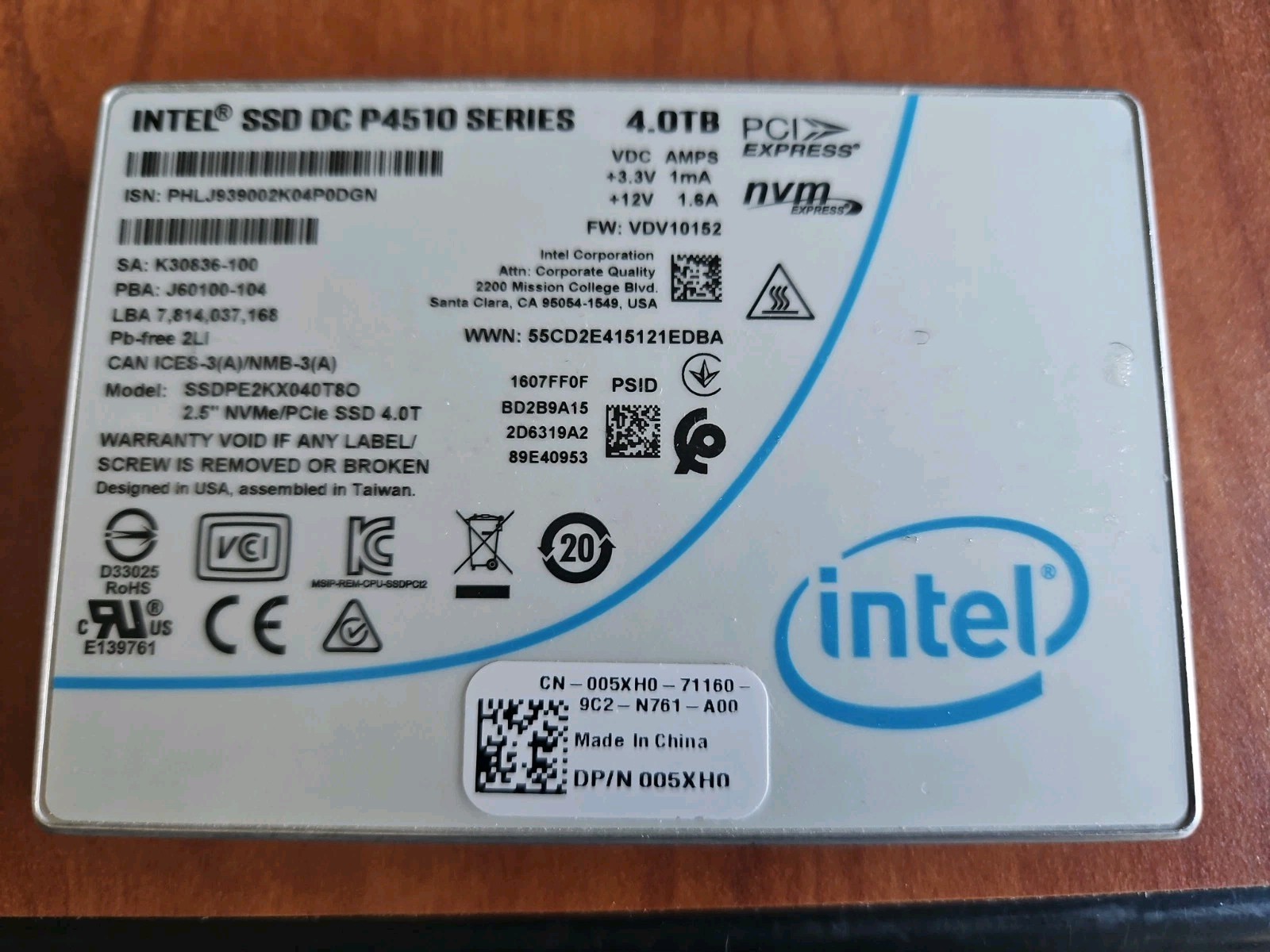 SSDPE2KX040T8 INTEL DC P4510 4TB NVME U.2 PCIe 2.5" SSD DRIVE 100% health