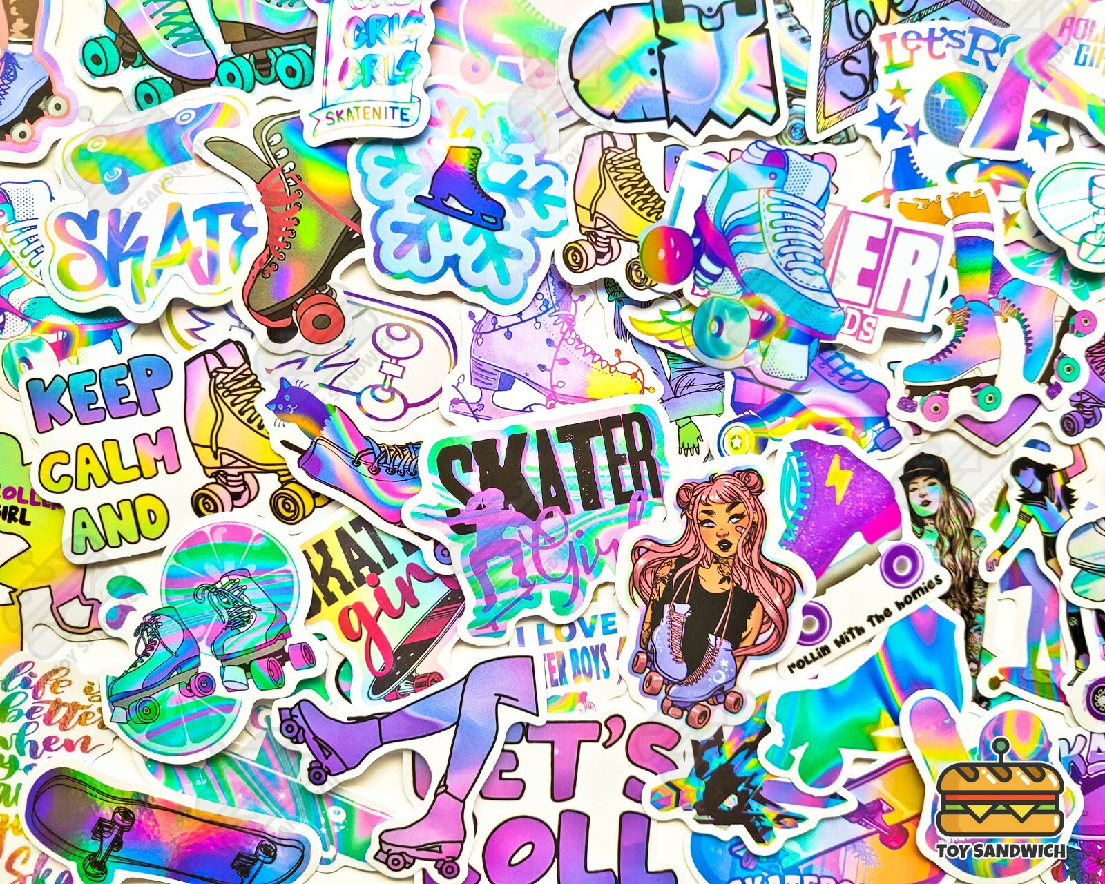 50 pcs "Roller Skates" Sticker Pack Skateboards Roller Derby Holographic Decals