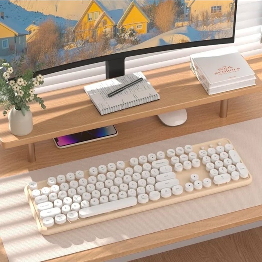 Cute Wireless Bluetooth Keyboard, Typewriter Retro Round Keycaps, White Milk Tea