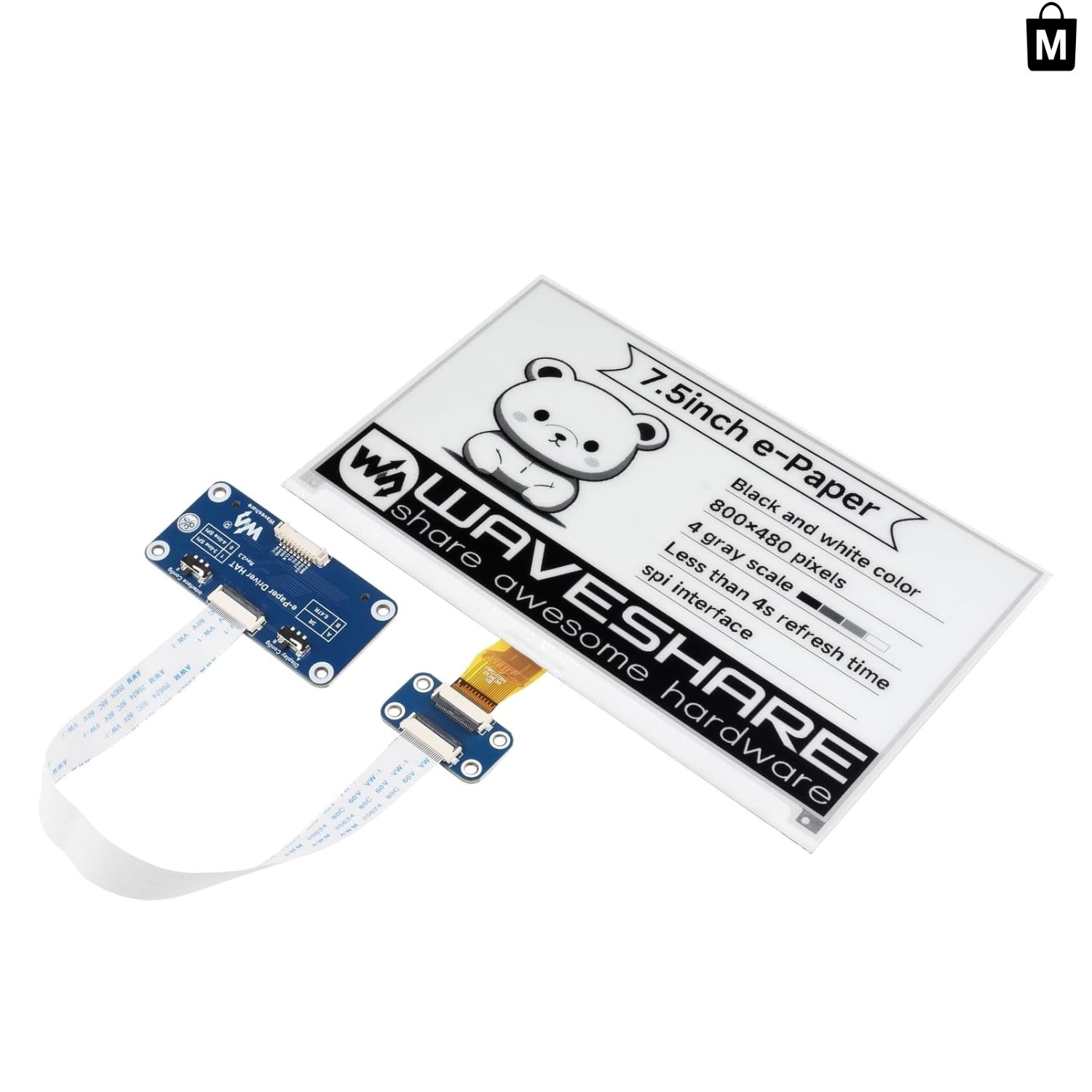 Clear 7.5-Inch E-Ink Display HAT, 800x480 for Raspberry Pi and Arduino Projects