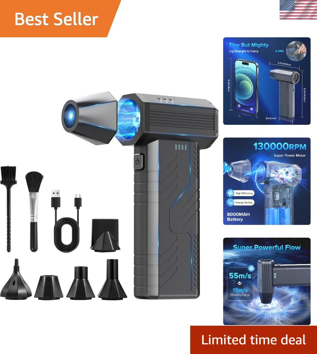 High-Speed Electric Air Duster with LED Light – Perfect for Electronics & Cars