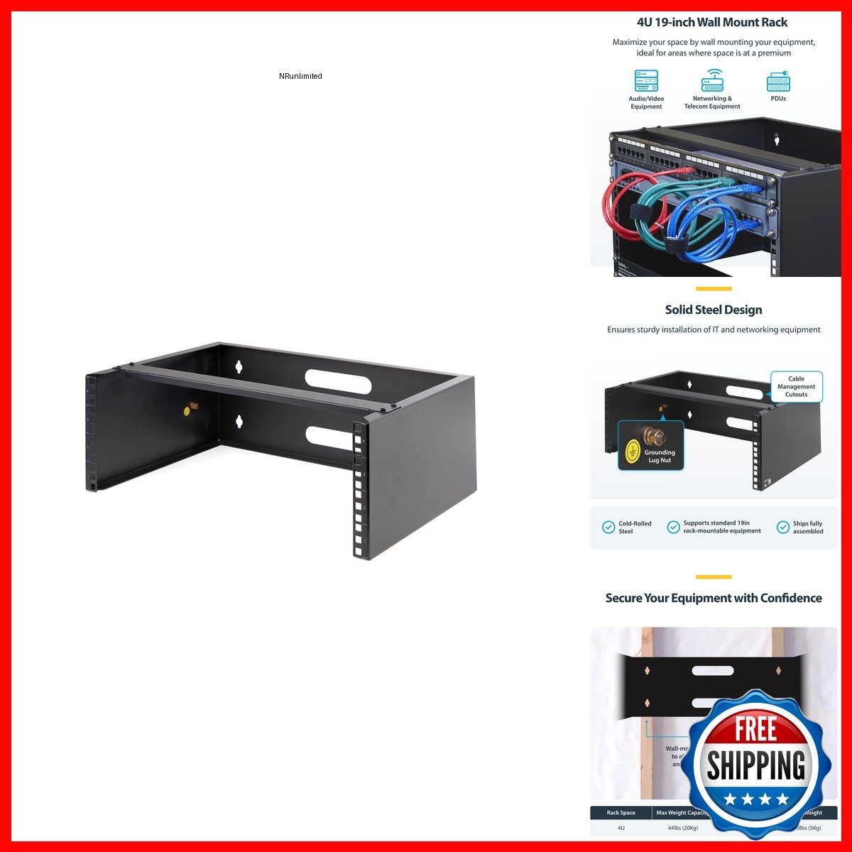 StarTech WALLMOUNT4 4U 19" Wall-Mount Network Rack 14" Deep