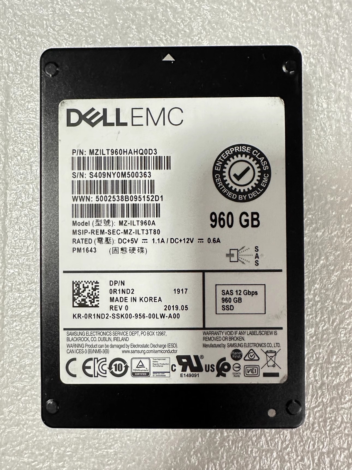 Compatible R1ND2 DELL EMC 960GB SAS 12GBPS 2.5'' SSD  0R1ND2 MZ-ILT960A