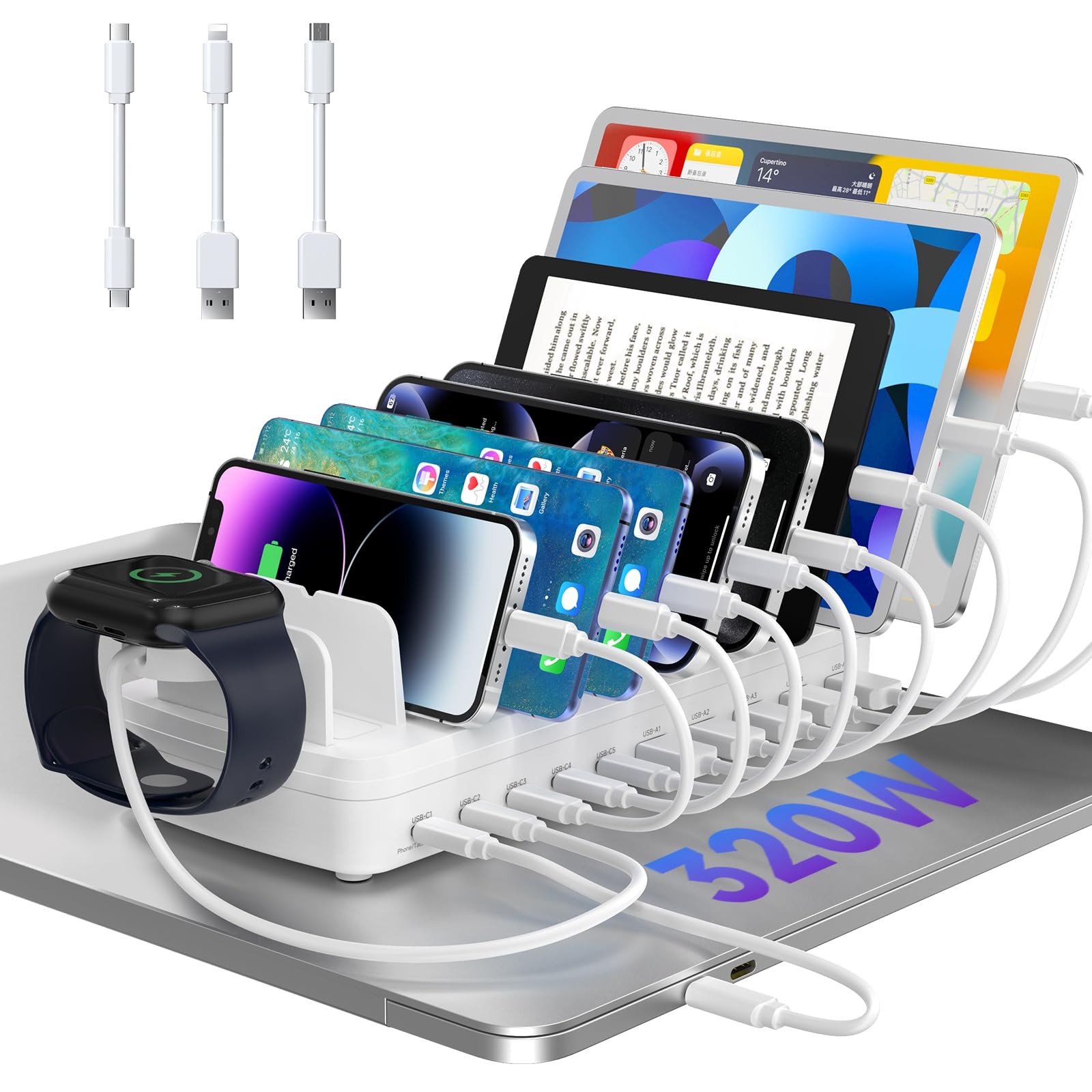 320W Charging Station for Multiple Devices, 10 Ports Fast Multi-Device White