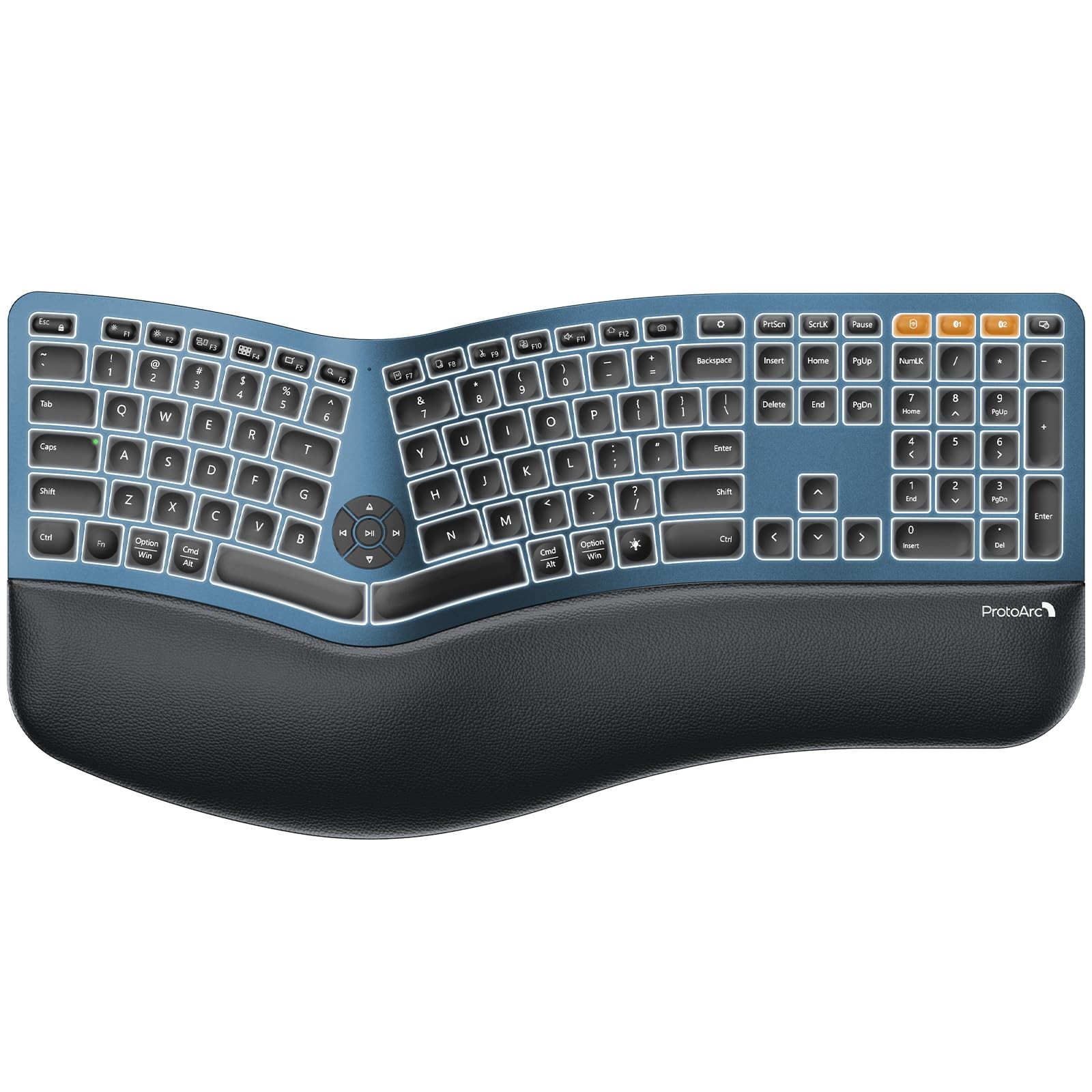 ProtoArc EK01 Plus Backlit Bluetooth Ergonomic Keyboard, Full Size, Blue