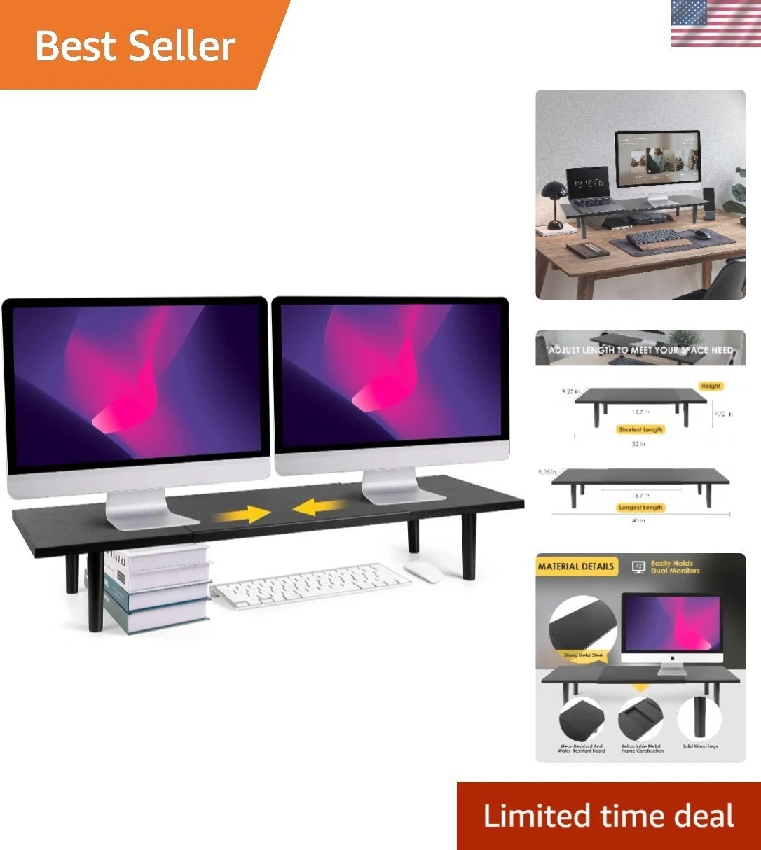 Dual-Monitor-Stand-Riser-For-Desk Adjustable Length 32-40 Inch，Large Desktop ...