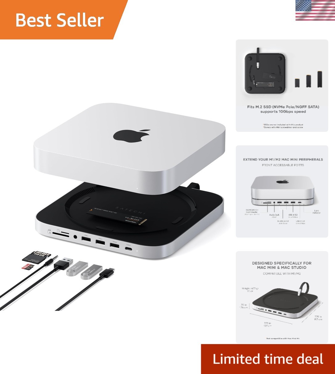 Sleek Silver Mac Mini Stand & Hub with 10Gbps Data Transfer - M1/M2 Ready