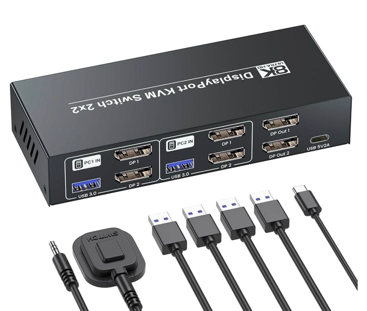 8K 60Hz DisplayPort KVM Switch 2x2 Dual Monitor